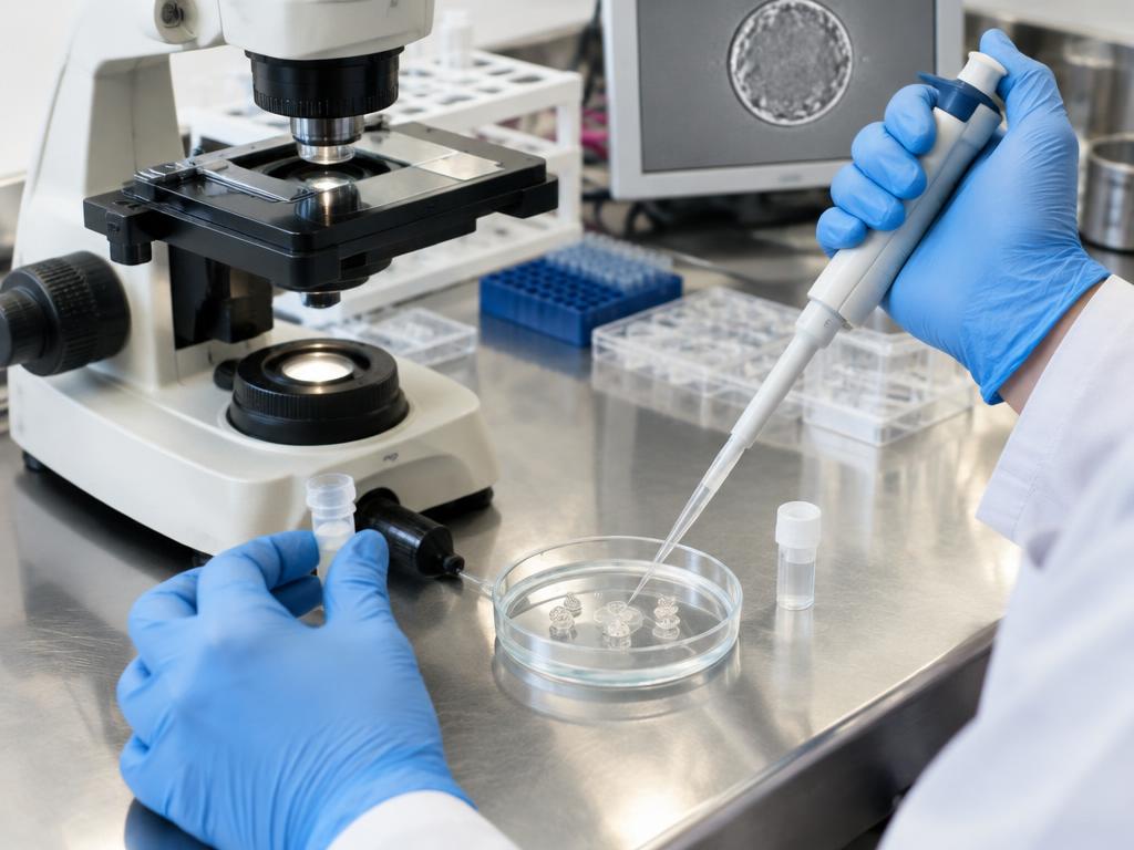 Gloved hands working at an embryology laboratory